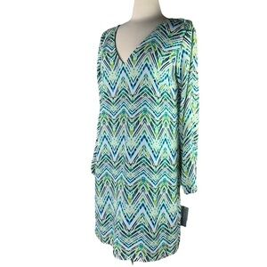 Halo Tropical Greens Chevron Print V Neck Teal Fully Lined NWT Medium MSRP $70